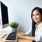 OOCSS를 통한 코드 재사용성 향상 - A cheerful young Malaysian female developer, in her late 20s, with a warm smile, sitting comfortably...