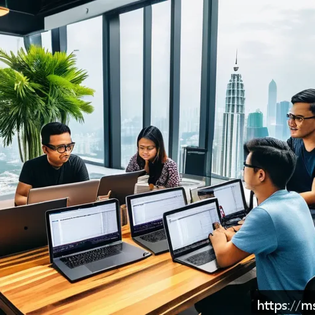 CSS 아키텍처 패턴의 국제적 적용 사례 - A modern workspace scene showing a diverse team of Malaysian software developers collaborating aroun...