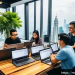 CSS 아키텍처 패턴의 국제적 적용 사례 - A modern workspace scene showing a diverse team of Malaysian software developers collaborating aroun...