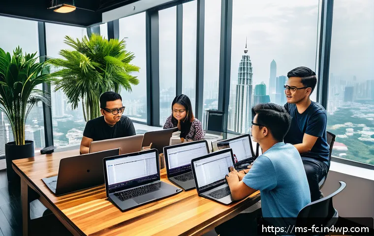 CSS 아키텍처 패턴의 국제적 적용 사례 - A modern workspace scene showing a diverse team of Malaysian software developers collaborating aroun...